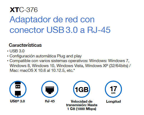 Adaptador Xtech USB 3.0 a RJ45 Gigabit 6.69 in