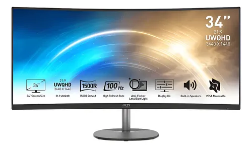 Monitor MSI 34" Curvo Pro MP341CQ UWQHD 3440x1440 100Hz HDMI-DP Negro