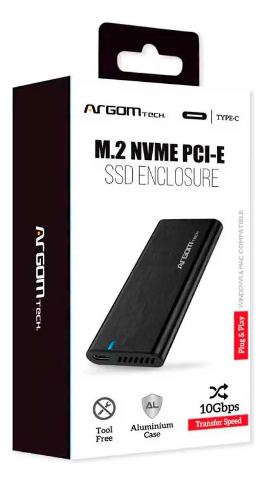Caja de Disco Externo Argom SSD NVME M.2 PCIe USB 3.0/Tipo C Negro