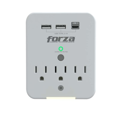 [FWT-331USBC] Toma Corriente Protector Tensión 490J/1875W, 3 slds, USB, 120V